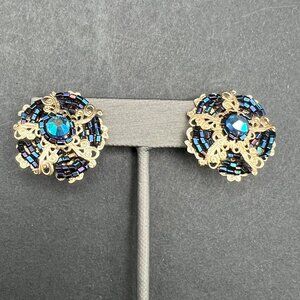 Vintage Clip On Earrings AB Stone Open Filigree Ornate Metal‎ Work Made in Japan